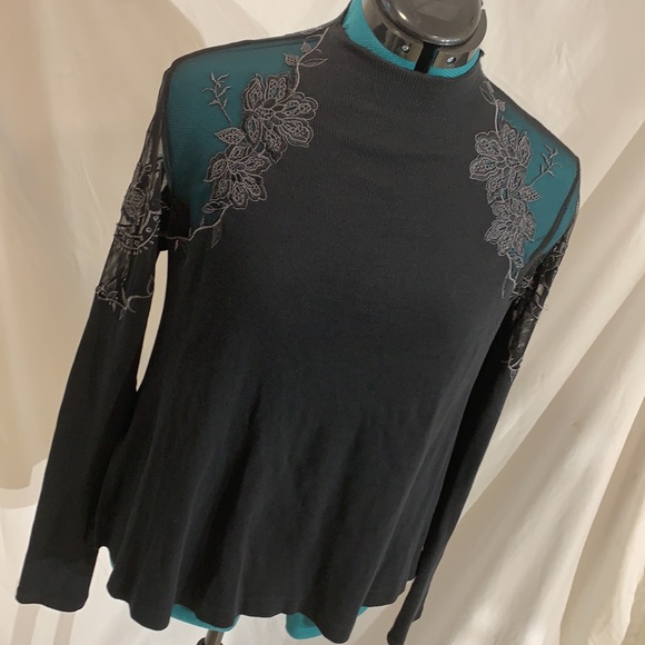 Free People Tops - NWT: Free People long sleeve black shirt w/ sheer/lace treatment on shoulders